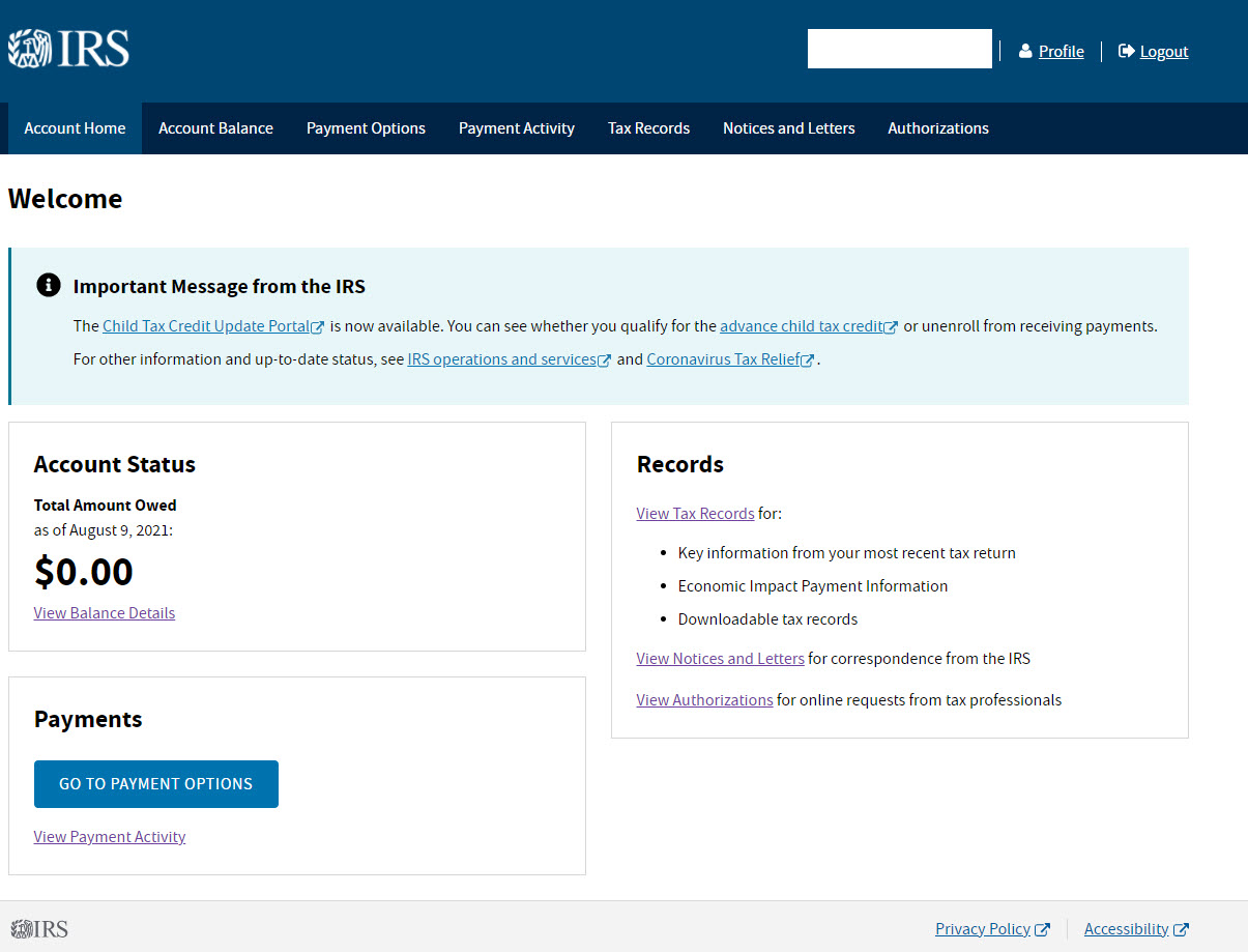IRS Account Home Page